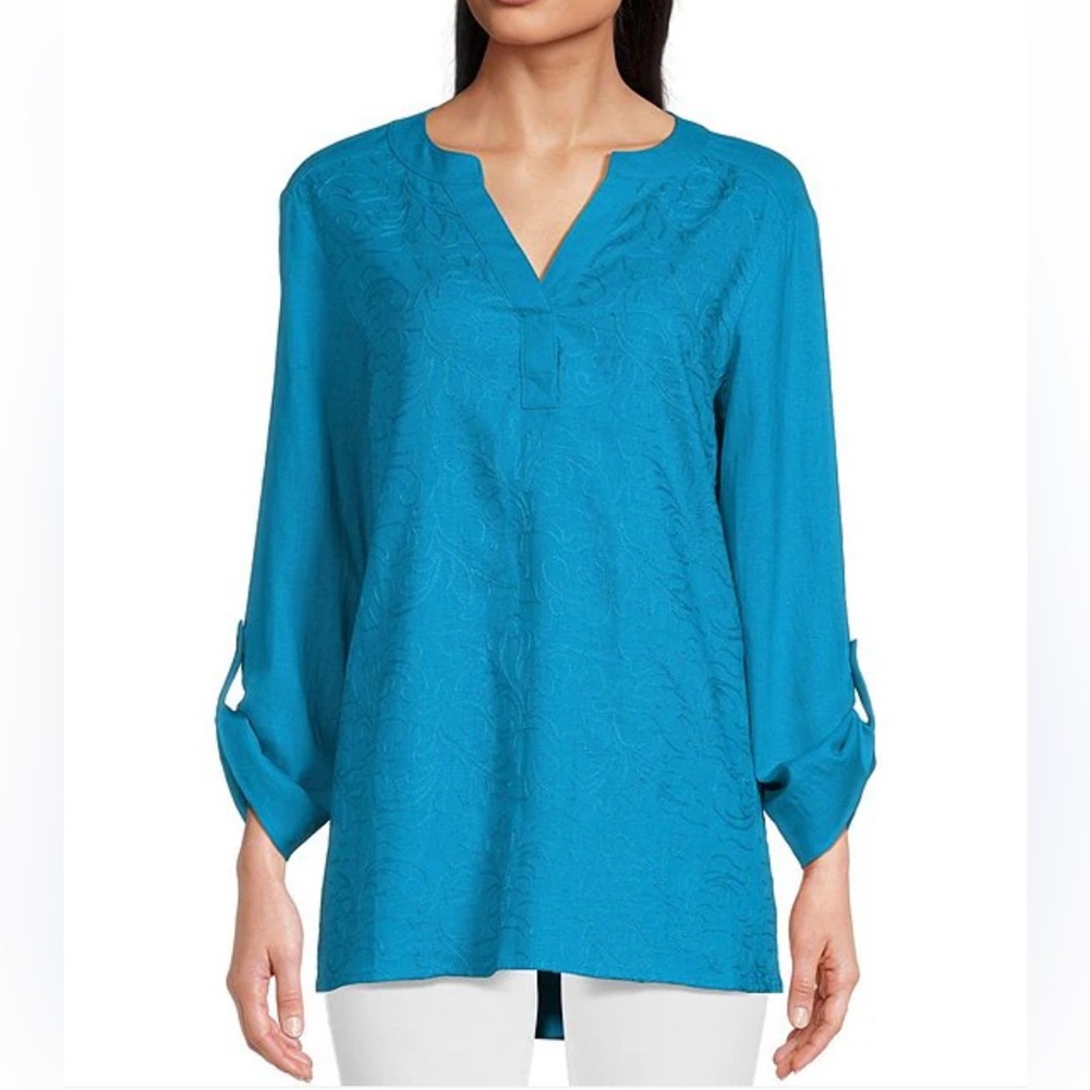 NWT Ali Miles Roll Tab Sleeve Embroidered Tunic Top Petite M Blue Linen Blend